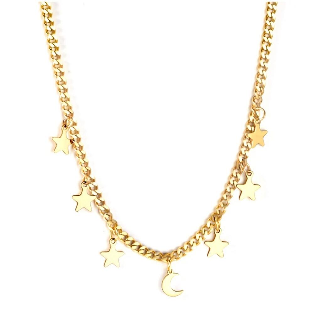NEW 18K yellow gold plated Cuban chain boho star and moon necklace jewelry B28A - Picture 5 of 10